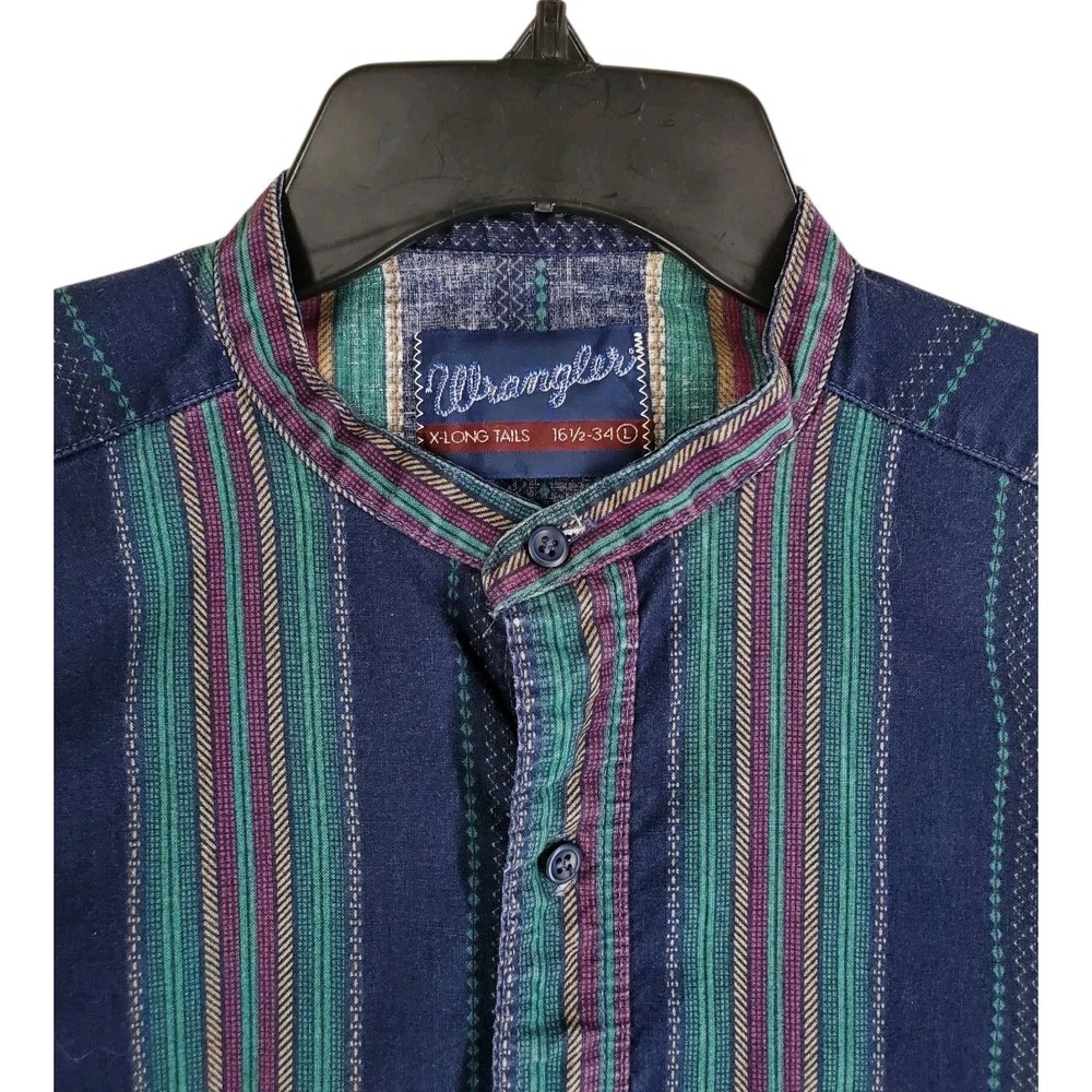 Wrangler Shirt Brushpopper Banded Collar X-Long Men L 16.5-34 Colorful Striped